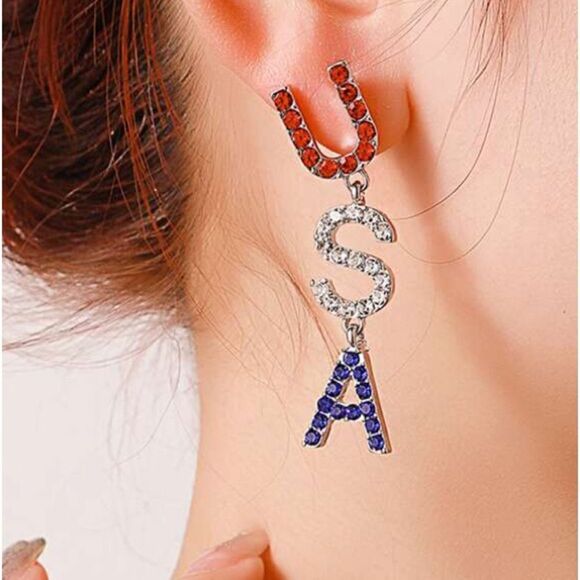 Silver Tone Patriotic USA Drop Earrings independence day - Picture 1 of 7